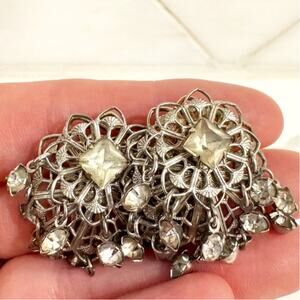 Vintage Filigree Rhinestone Dome Clip Earrings